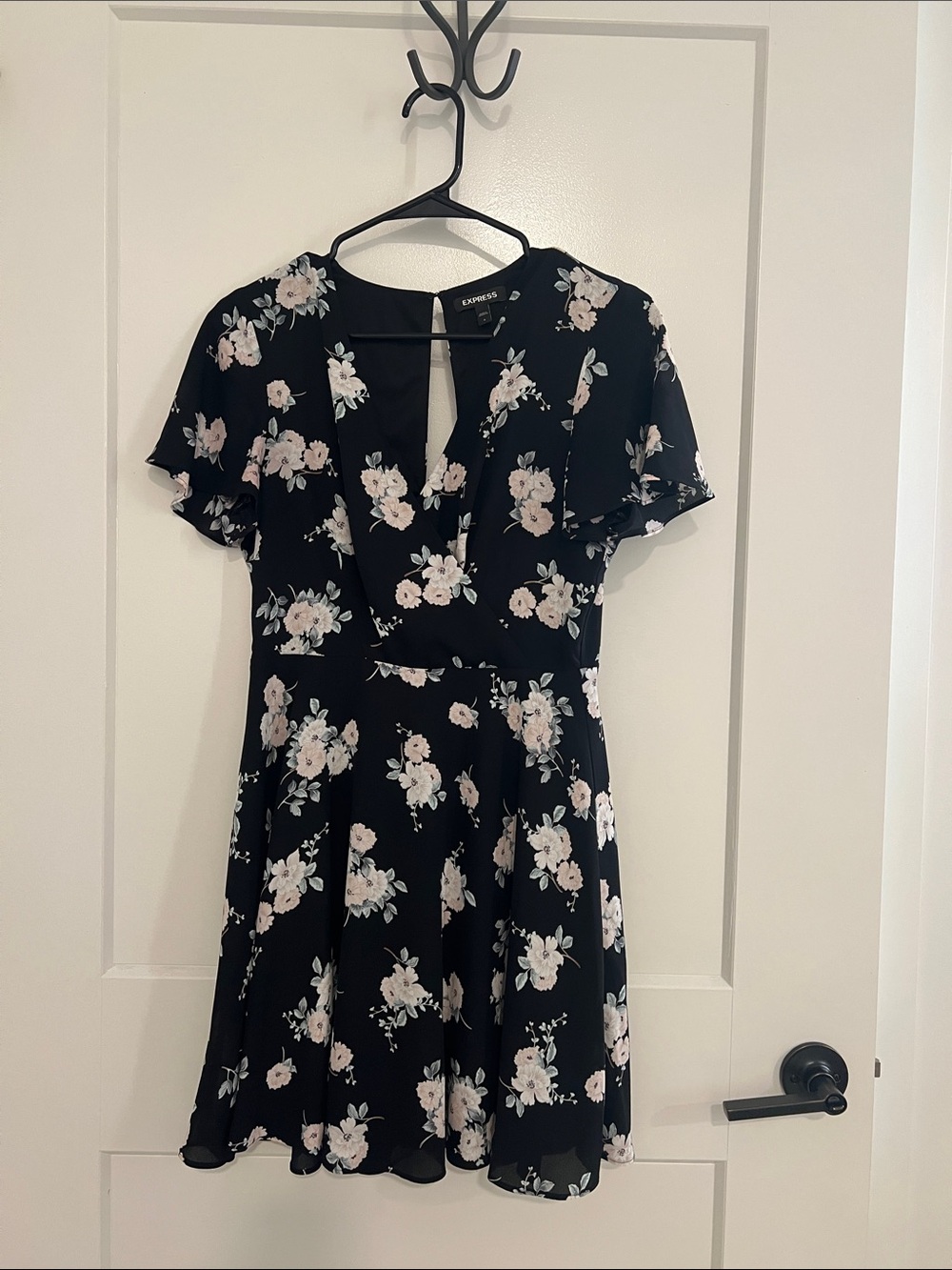 Express Black Floral Mini Dress with Cream & Pale Pink Flowers